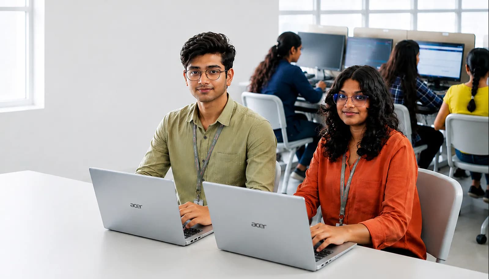 Engineering students working together on laptops in a computer lab